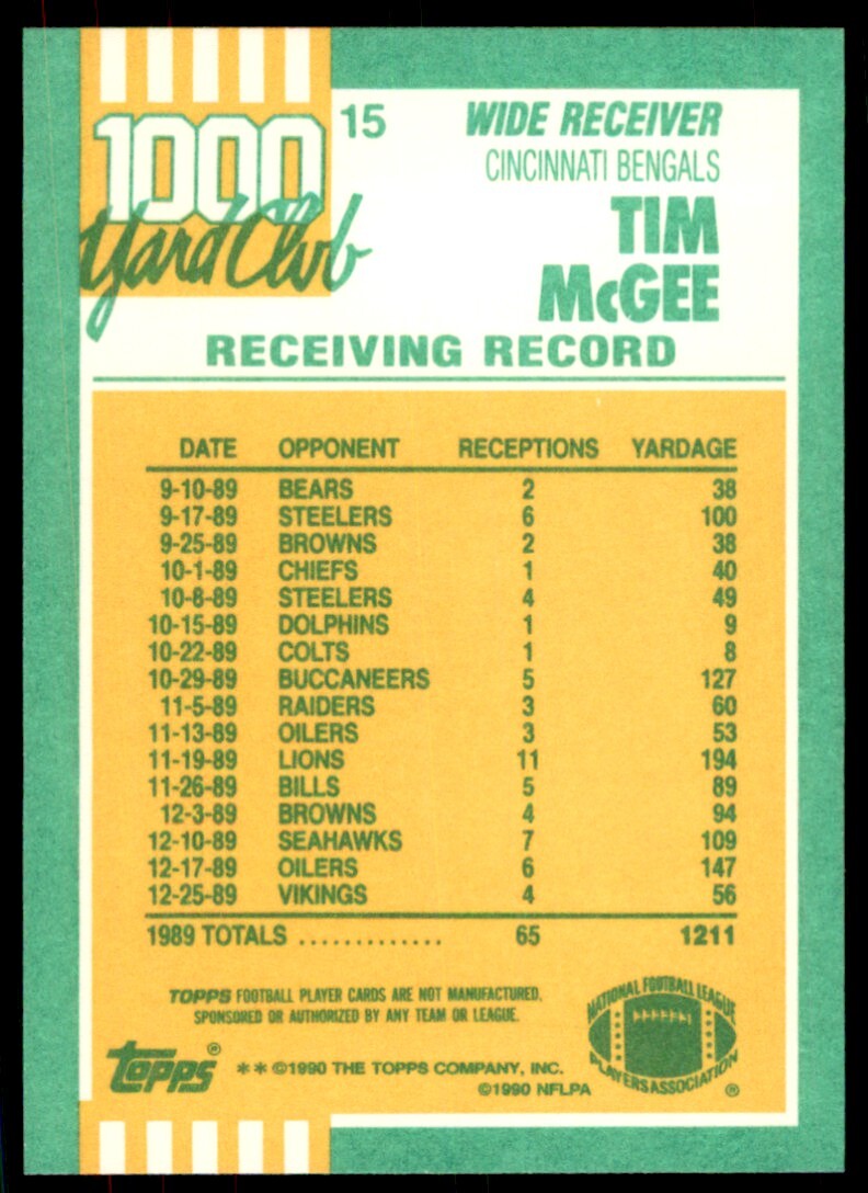 1990 Topps 1000 Yard Club Tim McGee A Football Cards #15