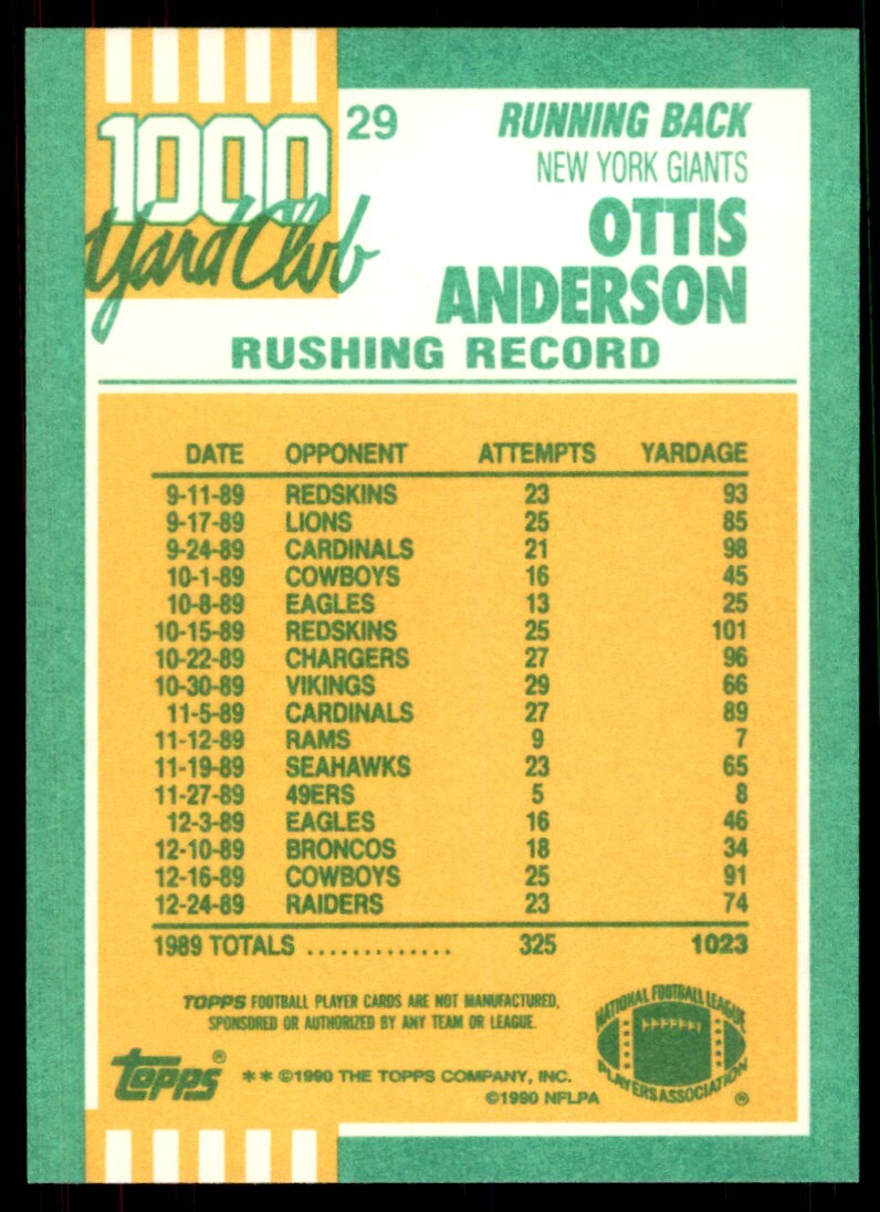 1990 Topps 1000 Yard Club Ottis Anderson A Football Cards #29