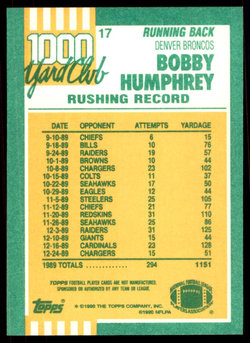 1990 Topps 1000 Yard Club Bobby Humphrey D Football Cards #17