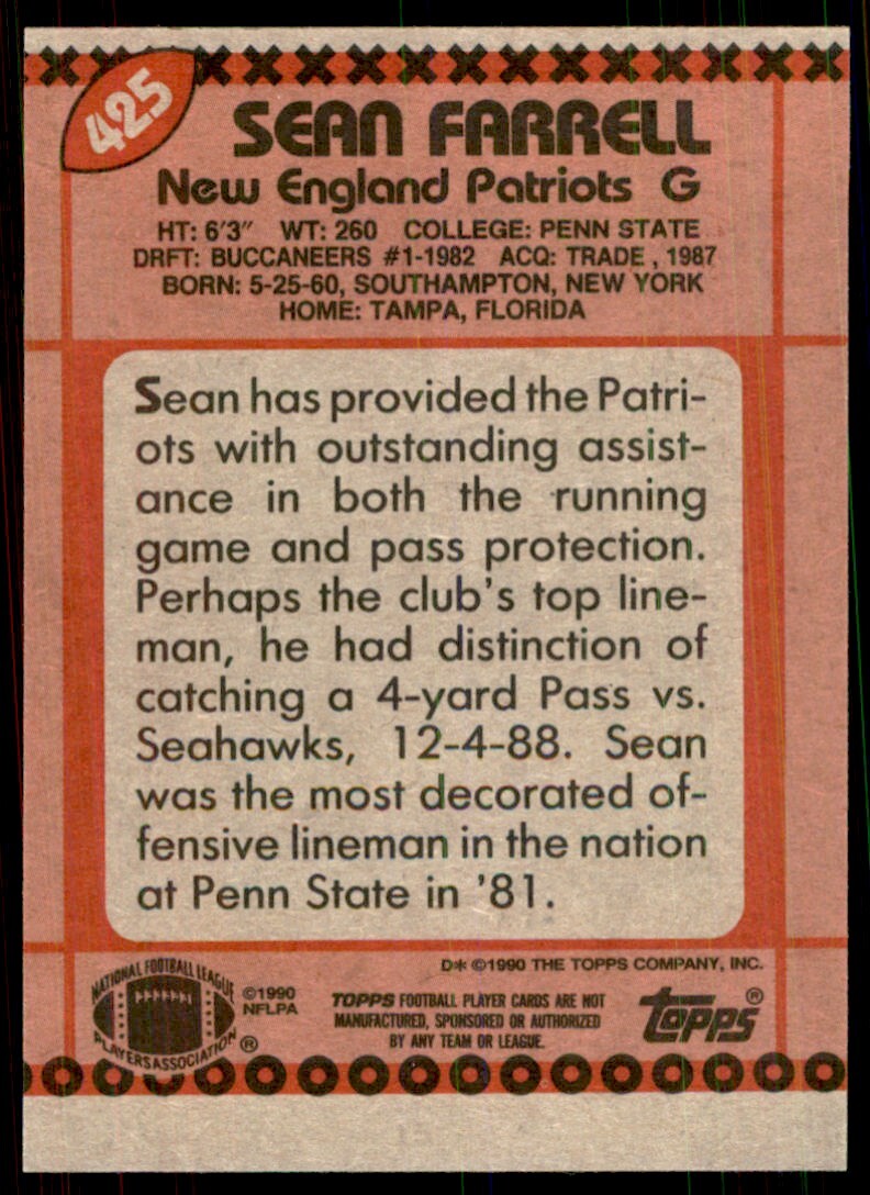 1990 Topps Sean Farrell Football Cards #425