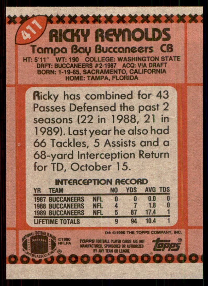 1990 Topps Ricky Reynolds Football Cards #411