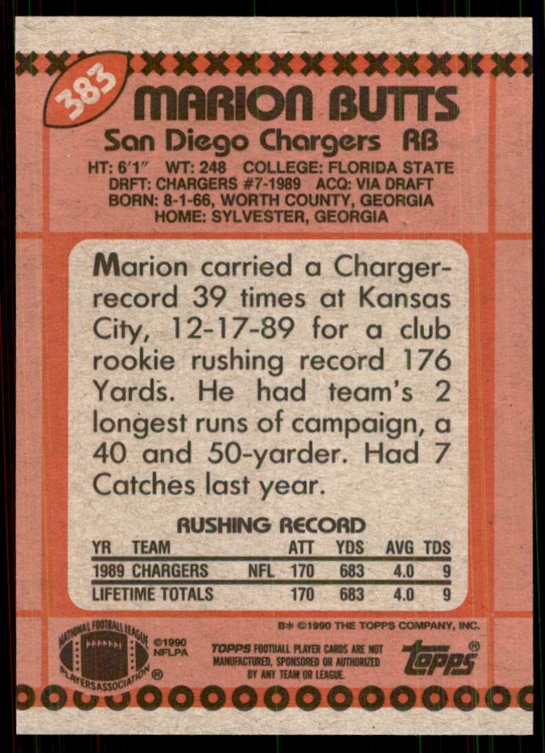 1990 Topps Marion Butts Football Cards #383