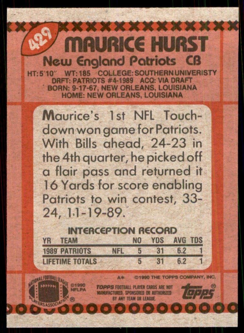 1990 Topps Maurice Hurst Football Cards #429