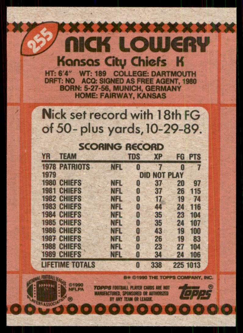 1990 Topps Nick Lowery Football Cards #255