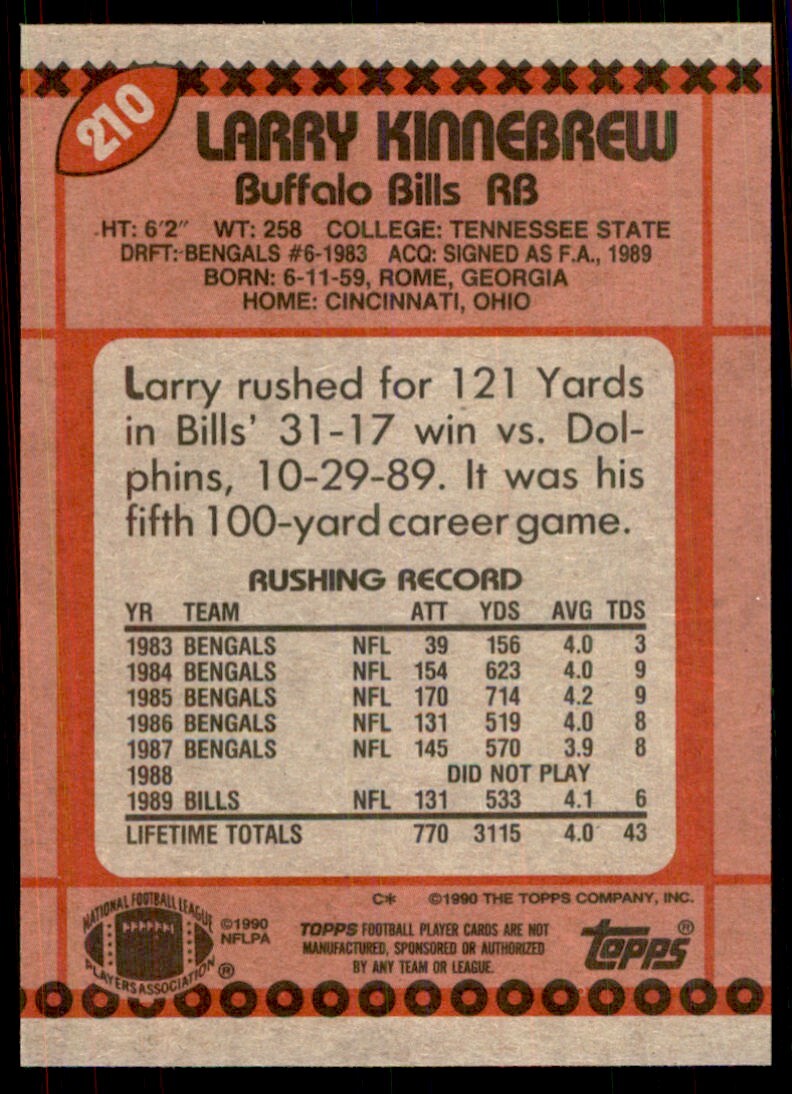 1990 Topps Larry Kinnebrew Football Cards #210
