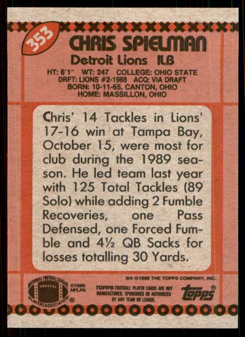 1990 Topps Chris Spielman Football Cards #353