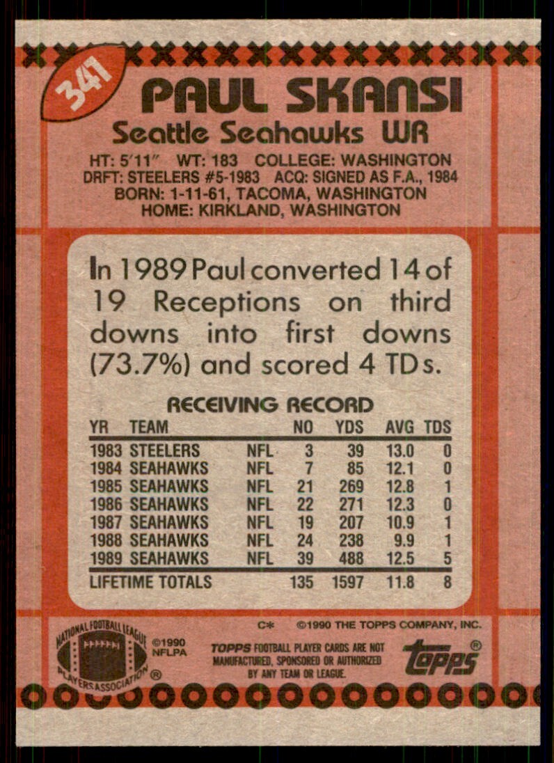 1990 Topps Paul Skansi Football Cards #341