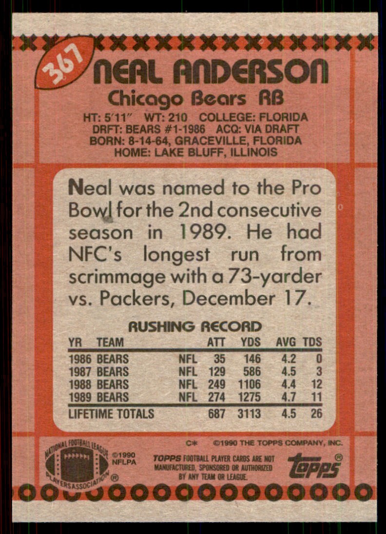 1990 Topps Neal Anderson Football Cards #367