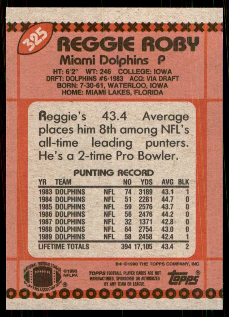1990 Topps Reggie Roby Football Cards #325