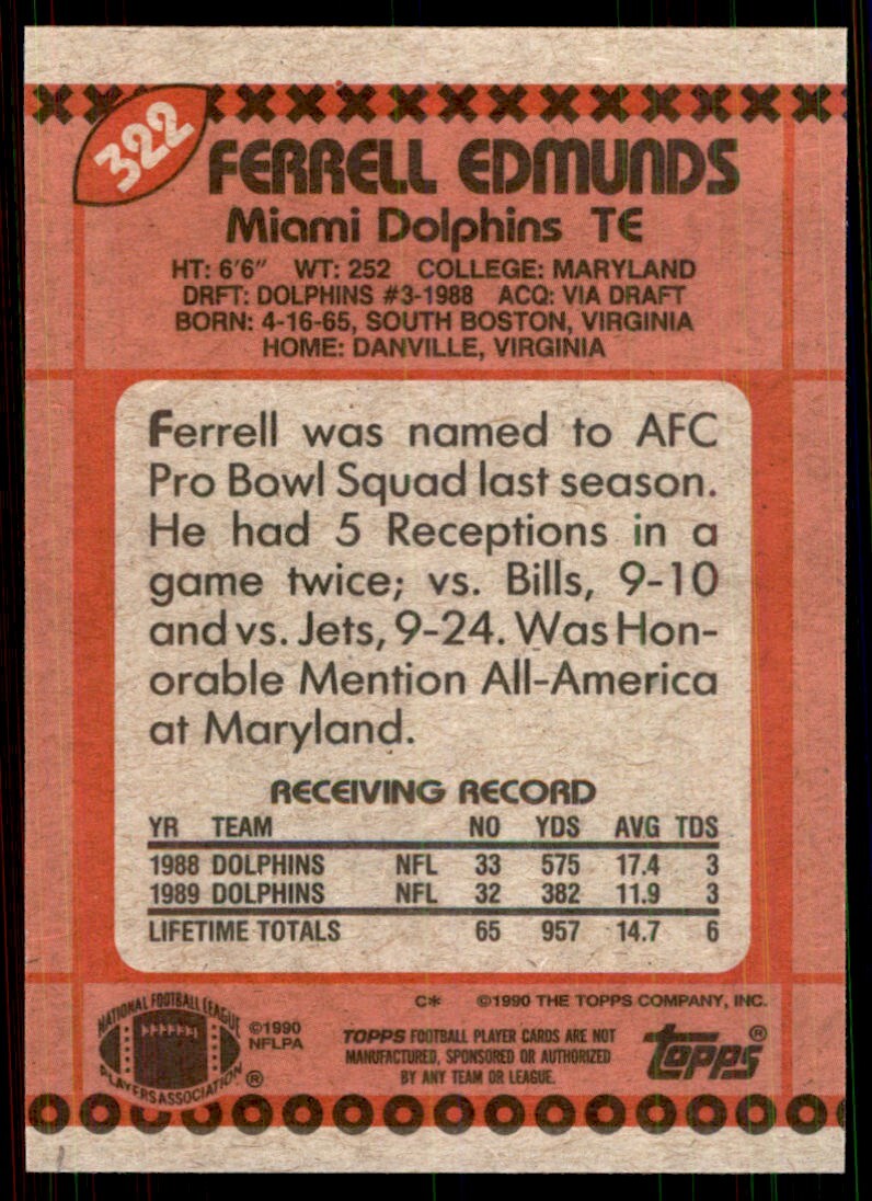 1990 Topps Ferrell Edmunds Football Cards #322