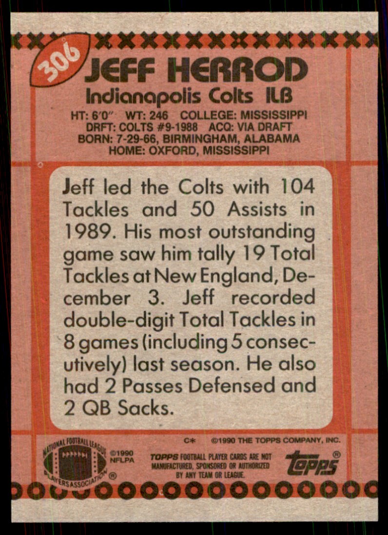 1990 Topps Jeff Herrod Football Cards #306