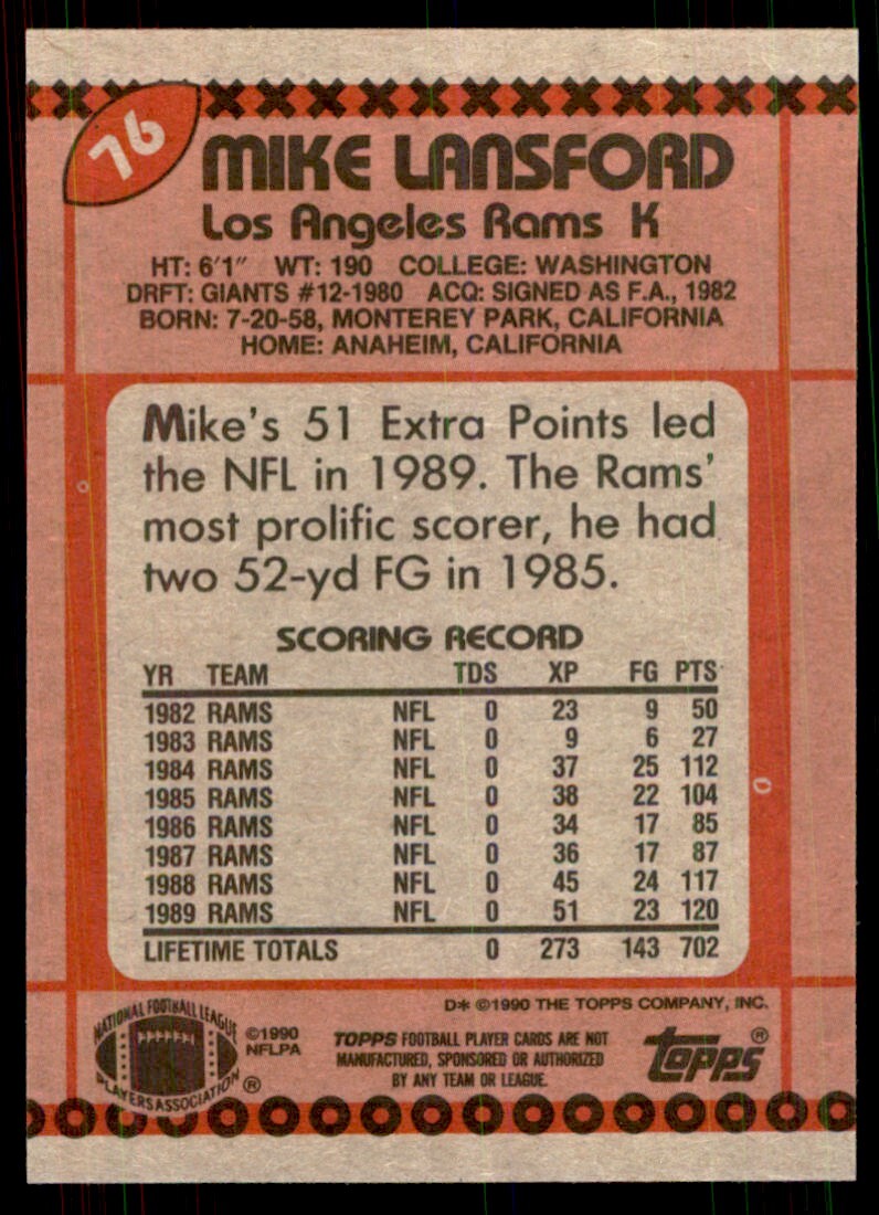 1990 Topps Mike Lansford Football Cards #76