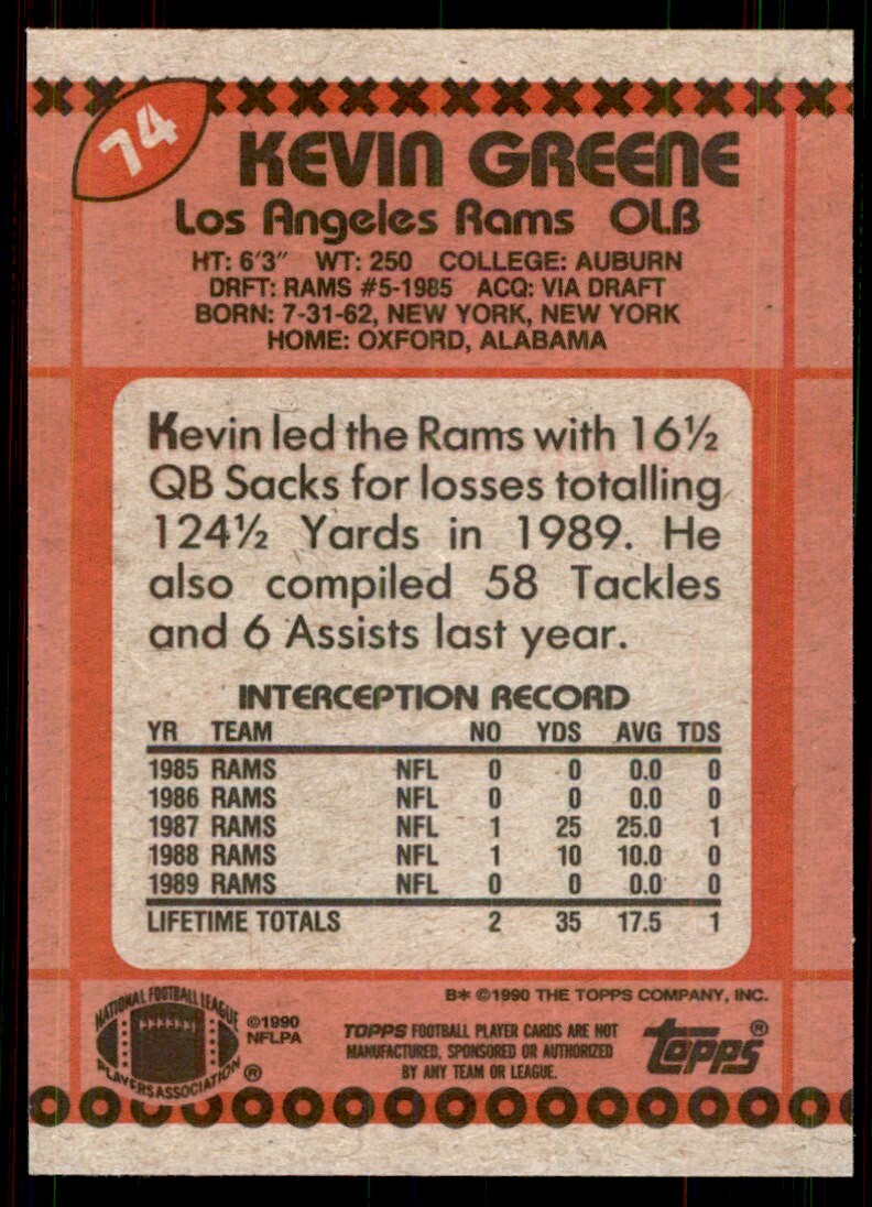 1990 Topps Kevin Greene Football Cards #74