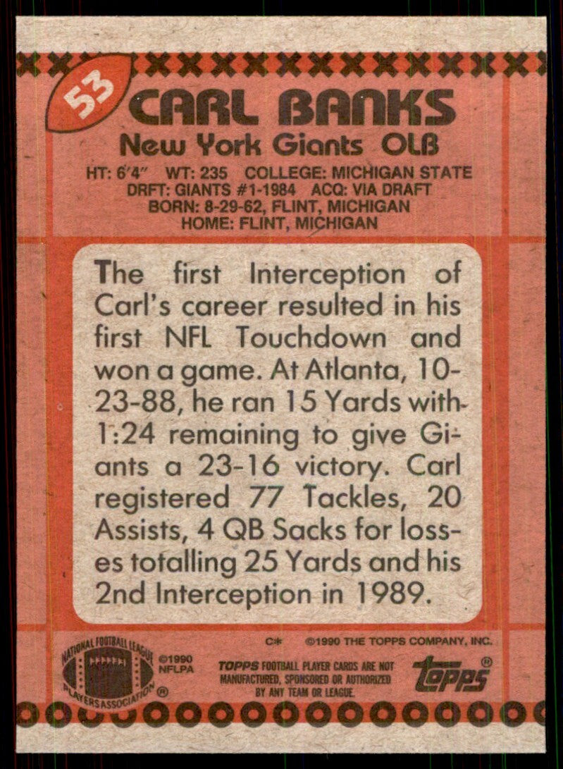 1990 Topps Carl Banks Football Cards #53
