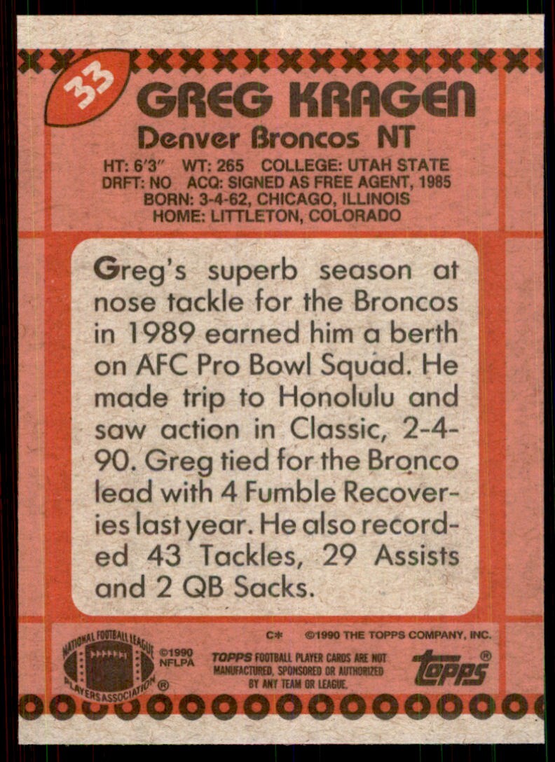 1990 Topps Greg Kragen Football Cards #33