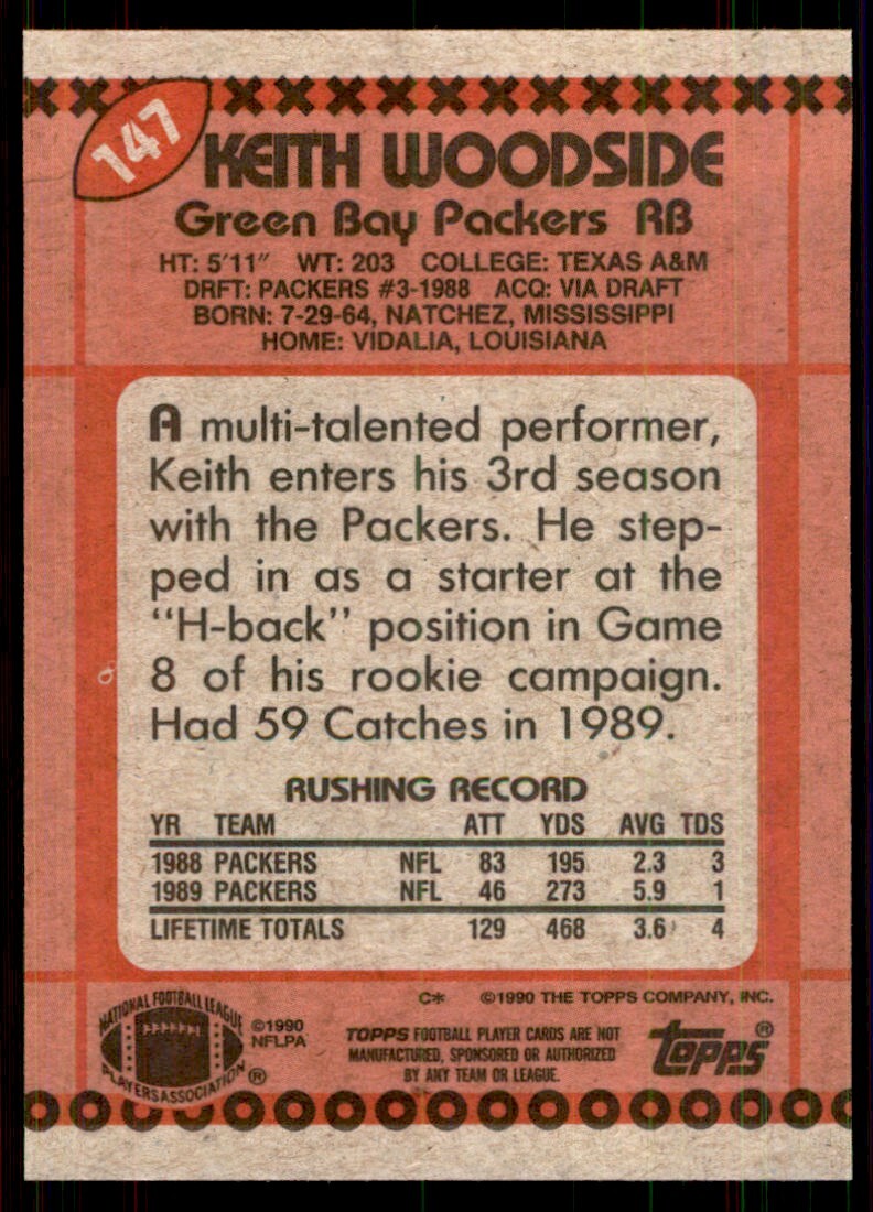 1990 Topps Keith Woodside Football Cards #147