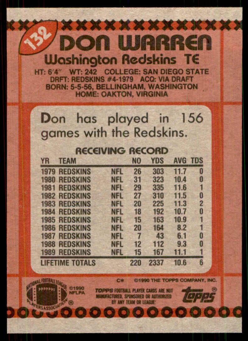 1990 Topps Don Warren Football Cards #132