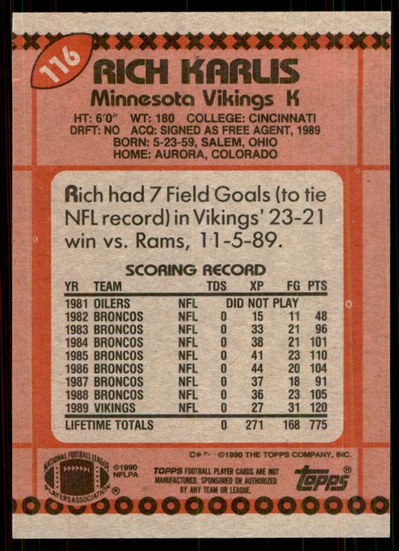 1990 Topps Rich Karlis Football Cards #116