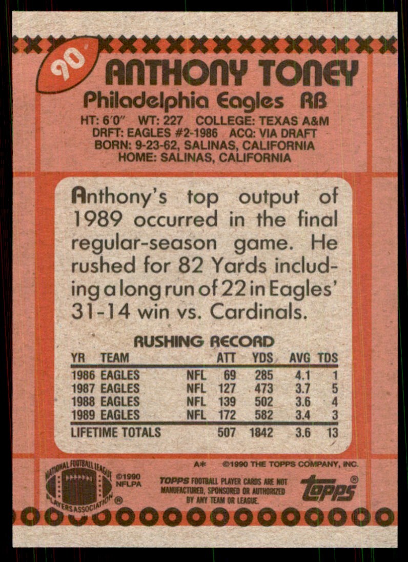 1990 Topps Anthony Toney Football Cards #90