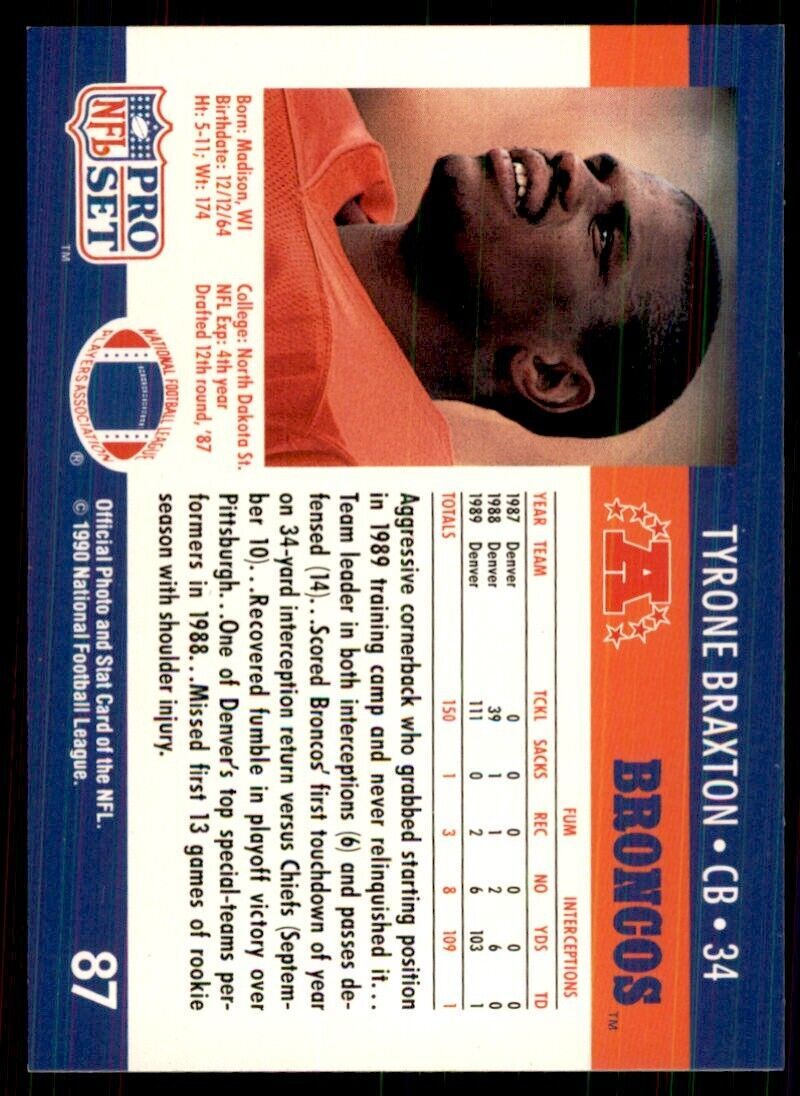 1990 Pro Set Tyrone Braxton Football Cards #87
