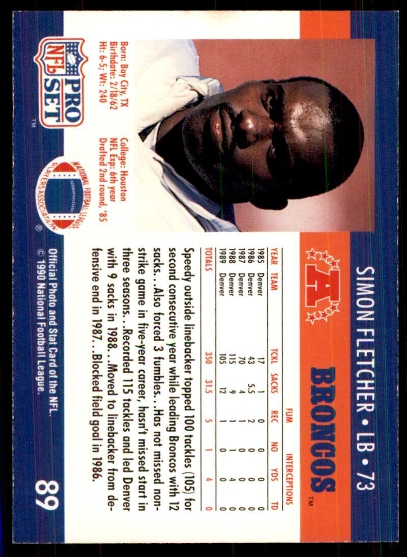 1990 Pro Set Simon Fletcher Football Cards #89