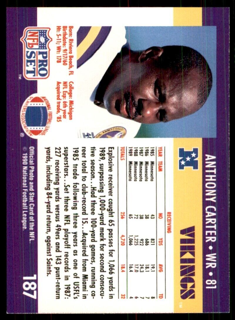 1990 Pro Set Anthony Carter Football Cards #187