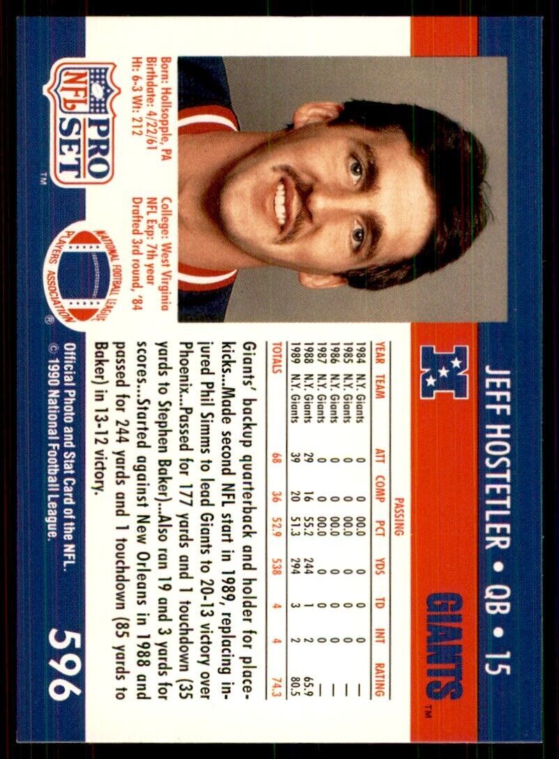 1990 Pro Set Jeff Hostetler Football Cards #596