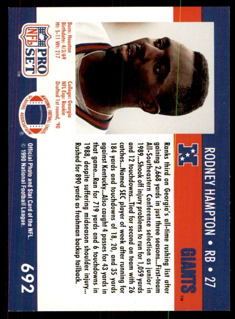 1990 Pro Set. Rodney Hampton Football Cards #692