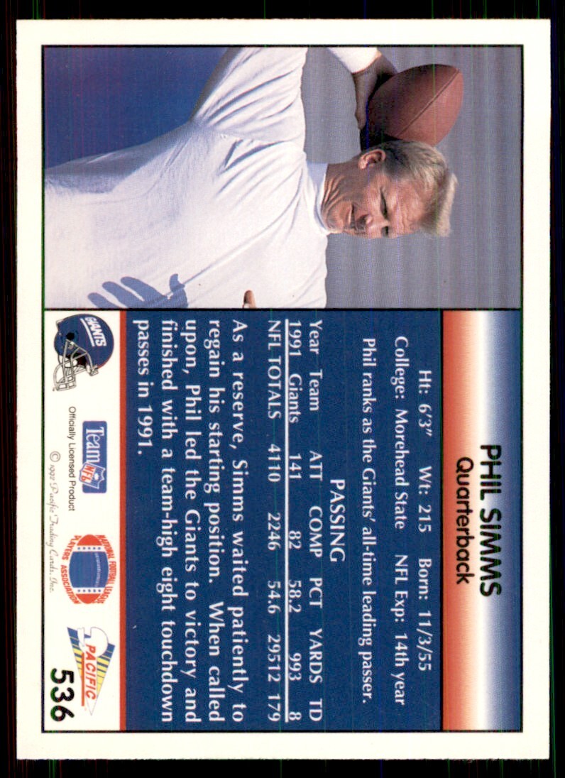 1992 Pacific Phil Simms Football Cards #536