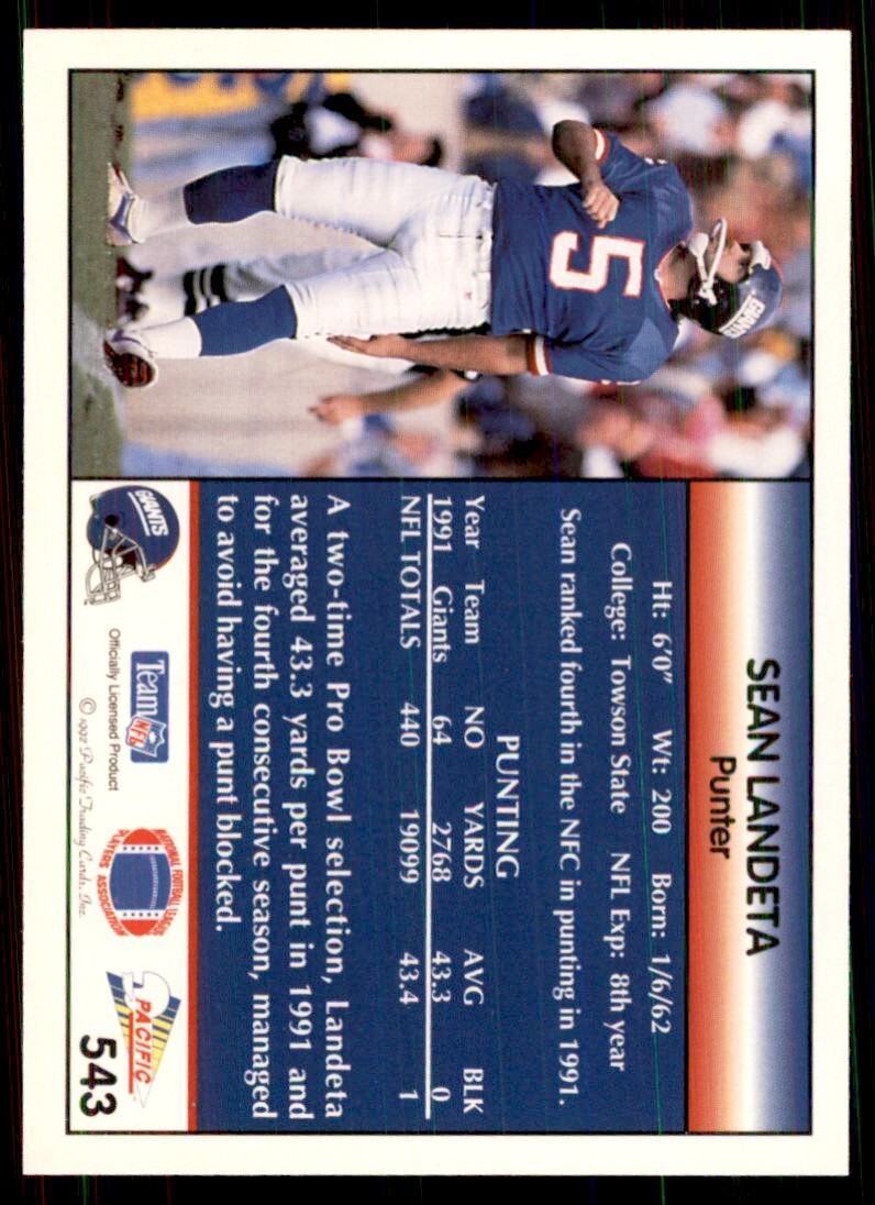 1992 Pacific Sean Landeta Football Cards #543