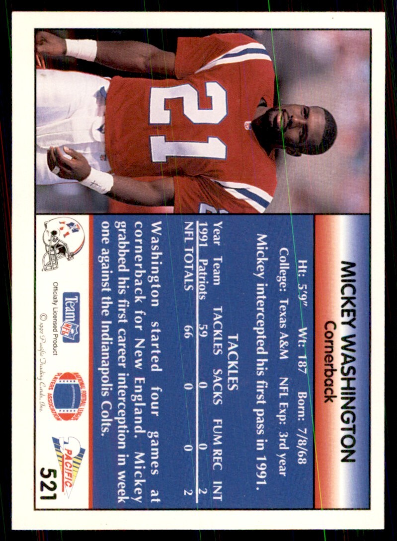 1992 Pacific Mickey Washington Football Cards #521