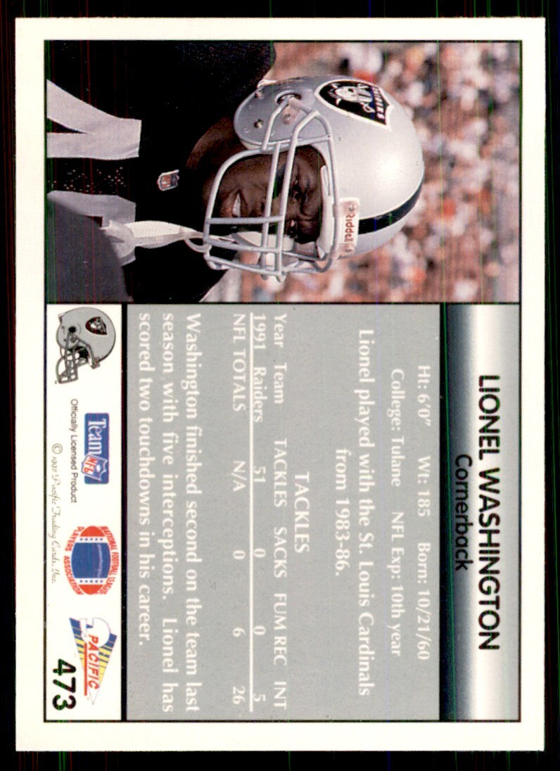 1992 Pacific Lionel Washington Football Cards #473