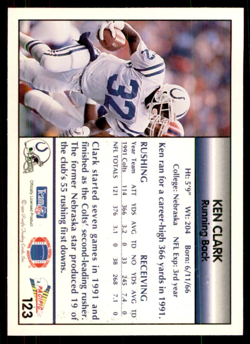 1992 Pacific Ken Clark Football Cards #123