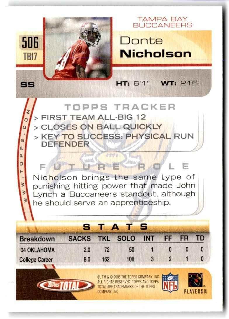 2005 Topps Total Donte Nicholson Rookie Tampa Bay Buccaneers #506