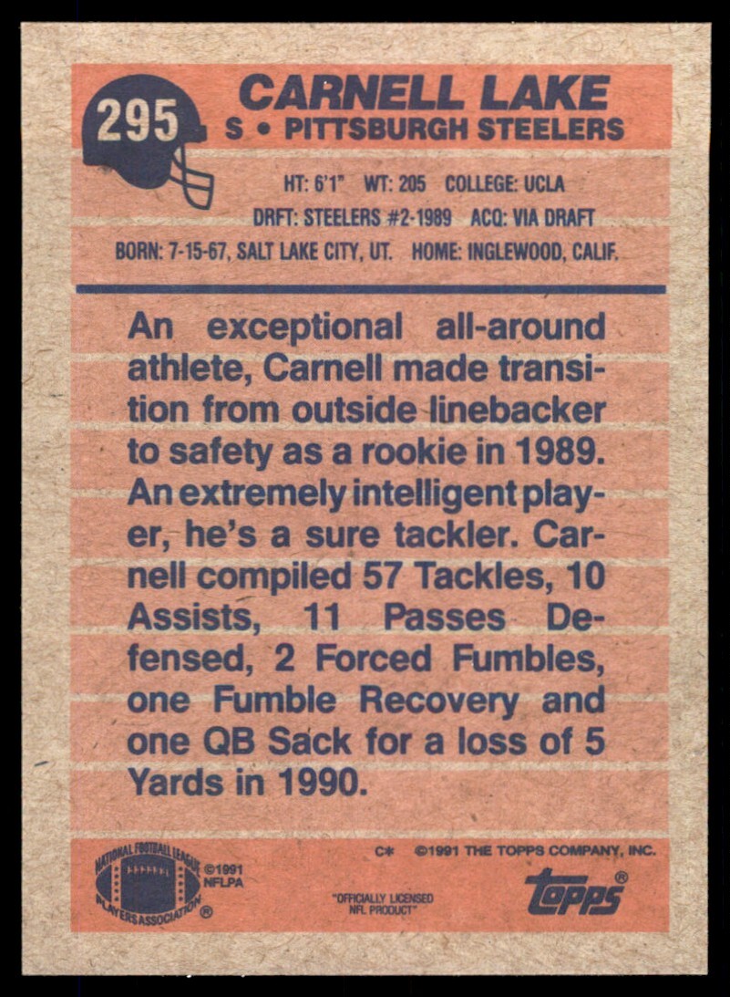 1991 Topps Carnell Lake Pittsburgh Steelers #295