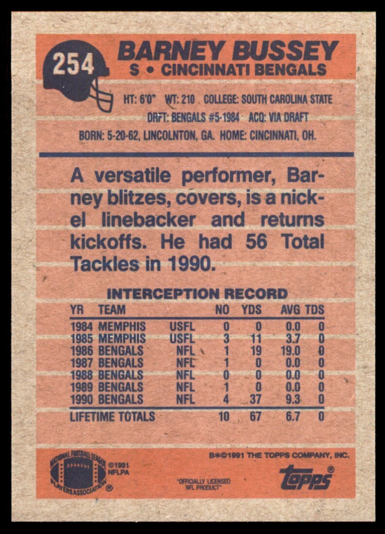 1991 Topps Barney Bussey Rookie Cincinnati Bengals #254