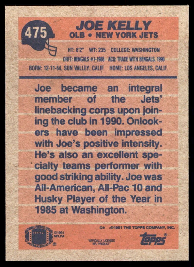 1991 Topps Joe Kelly New York Jets #475