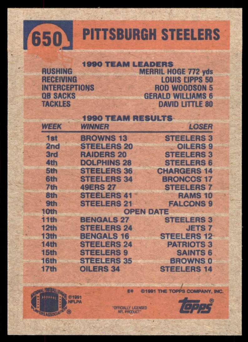 1991 Topps Steelers Team Leaders/Results Pittsburgh Steelers #650