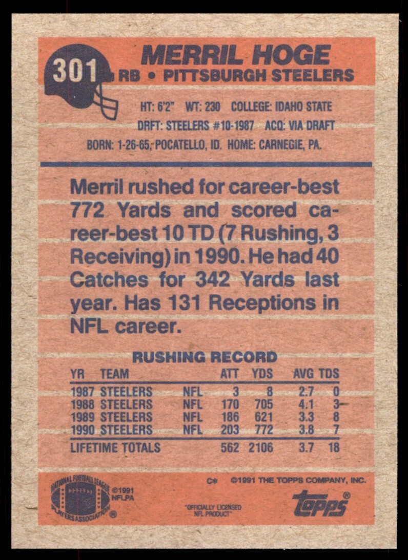 1991 Topps Merril Hoge Pittsburgh Steelers #301