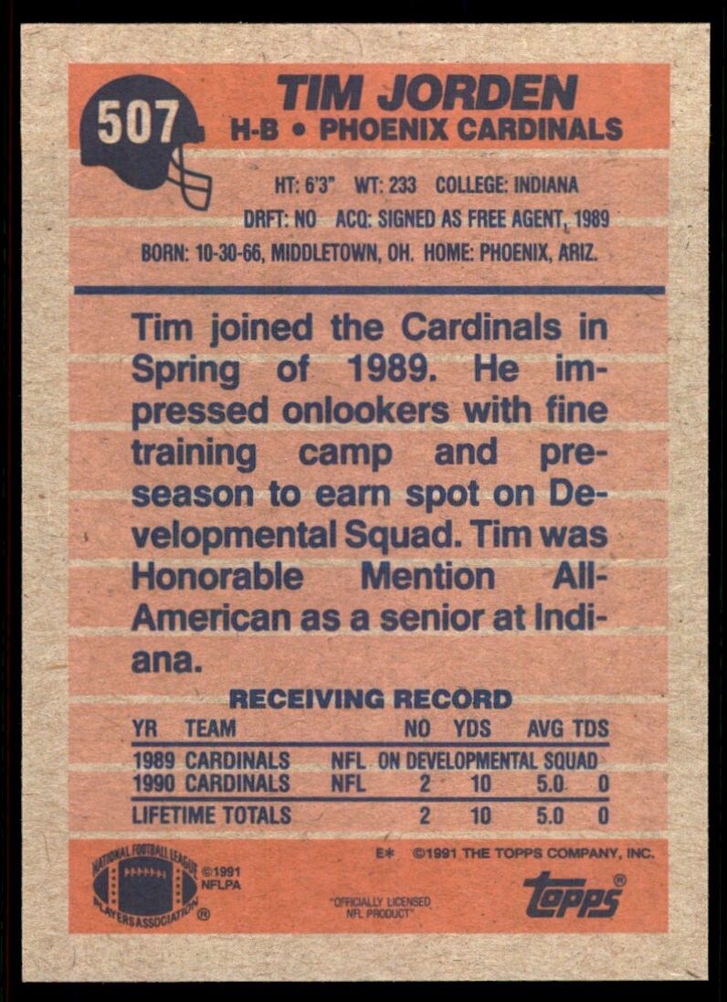 1991 Topps Tim Jorden Rookie Phoenix Cardinals #507