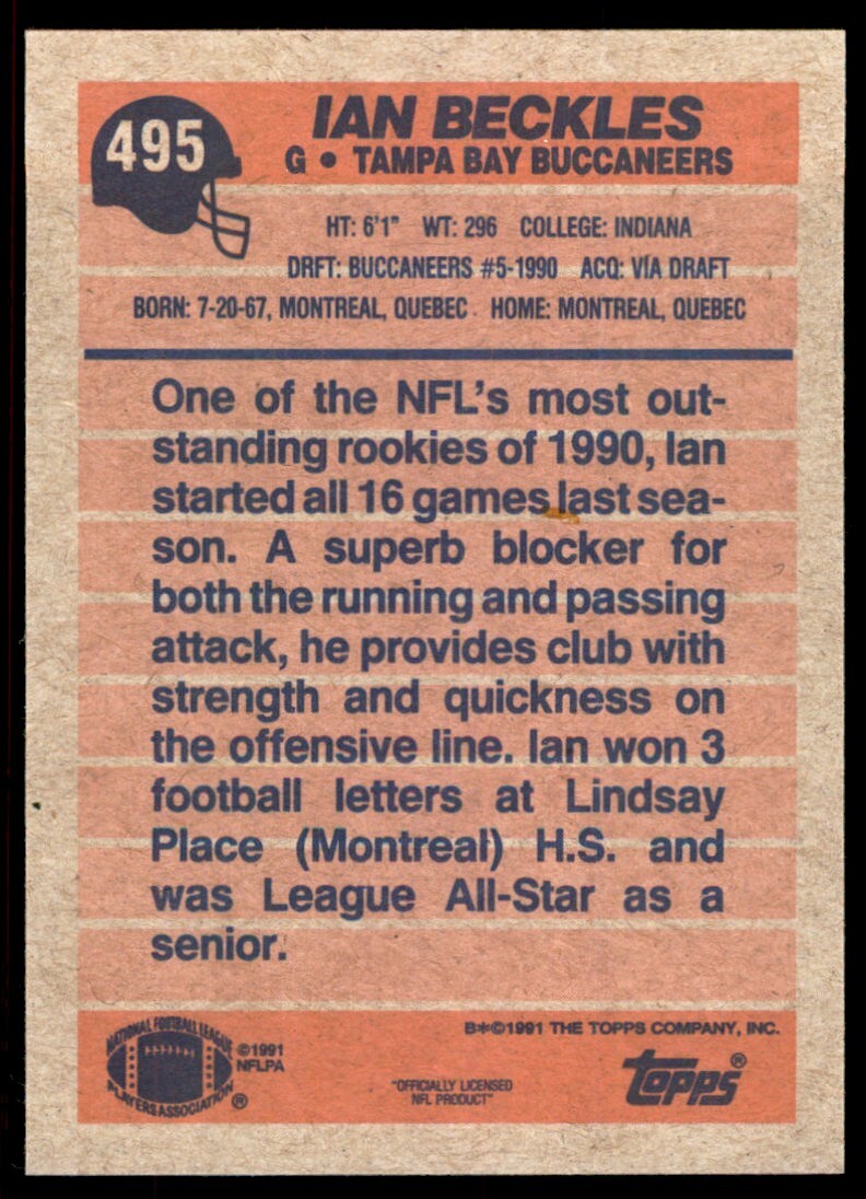 1991 Topps Ian Beckles Tampa Bay Buccaneers #495