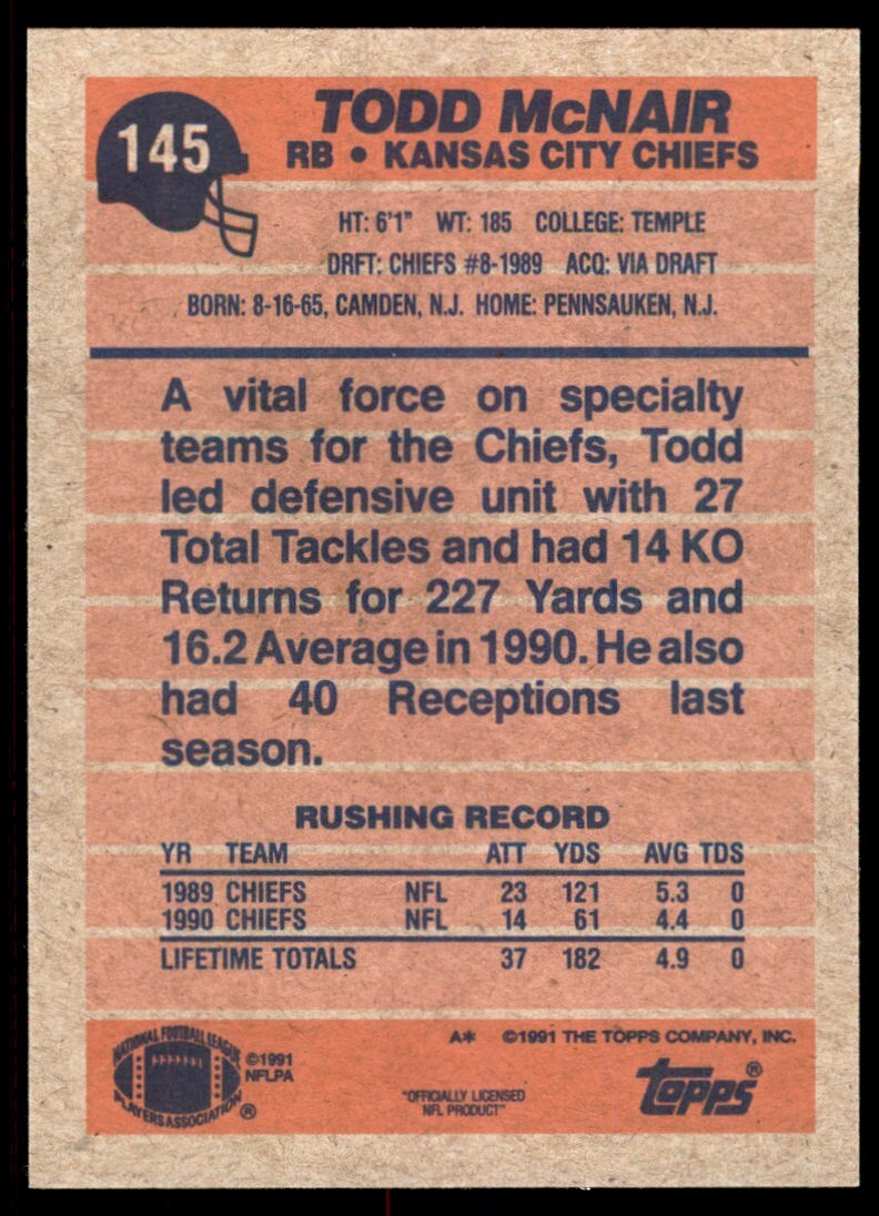 1991 Topps Todd McNair Kansas City Chiefs #145