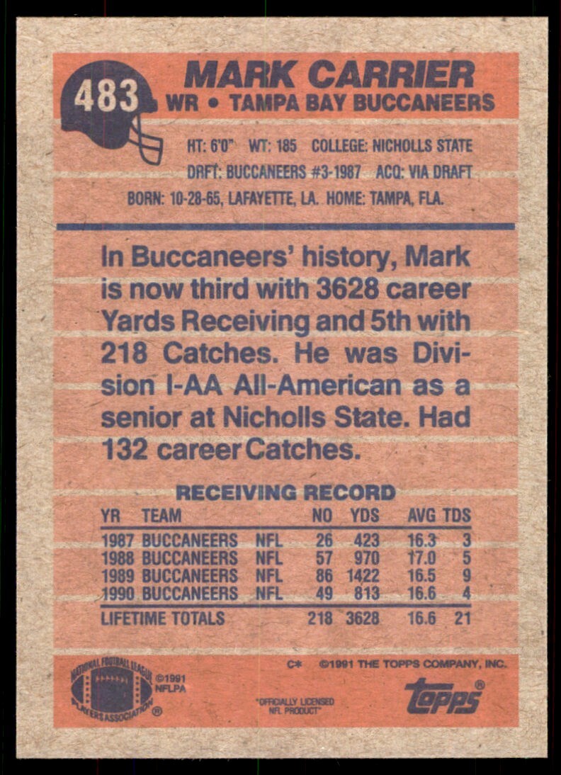 1991 Topps Mark Carrier Tampa Bay Buccaneers #483