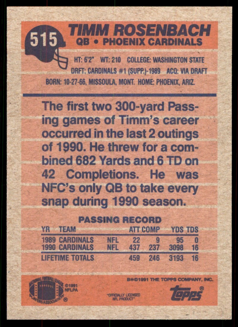 1991 Topps Timm Rosenbach Phoenix Cardinals #515