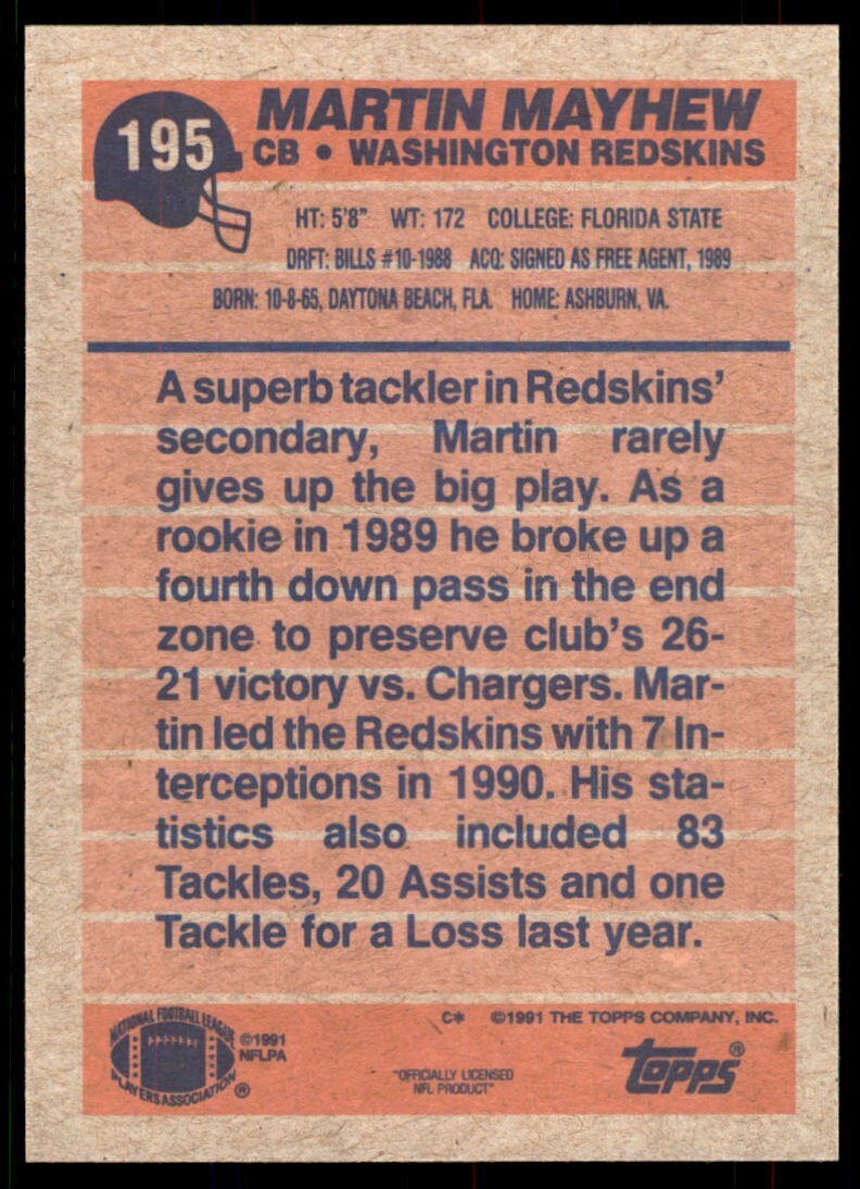 1991 Topps Martin Mayhew Washington Redskins #195