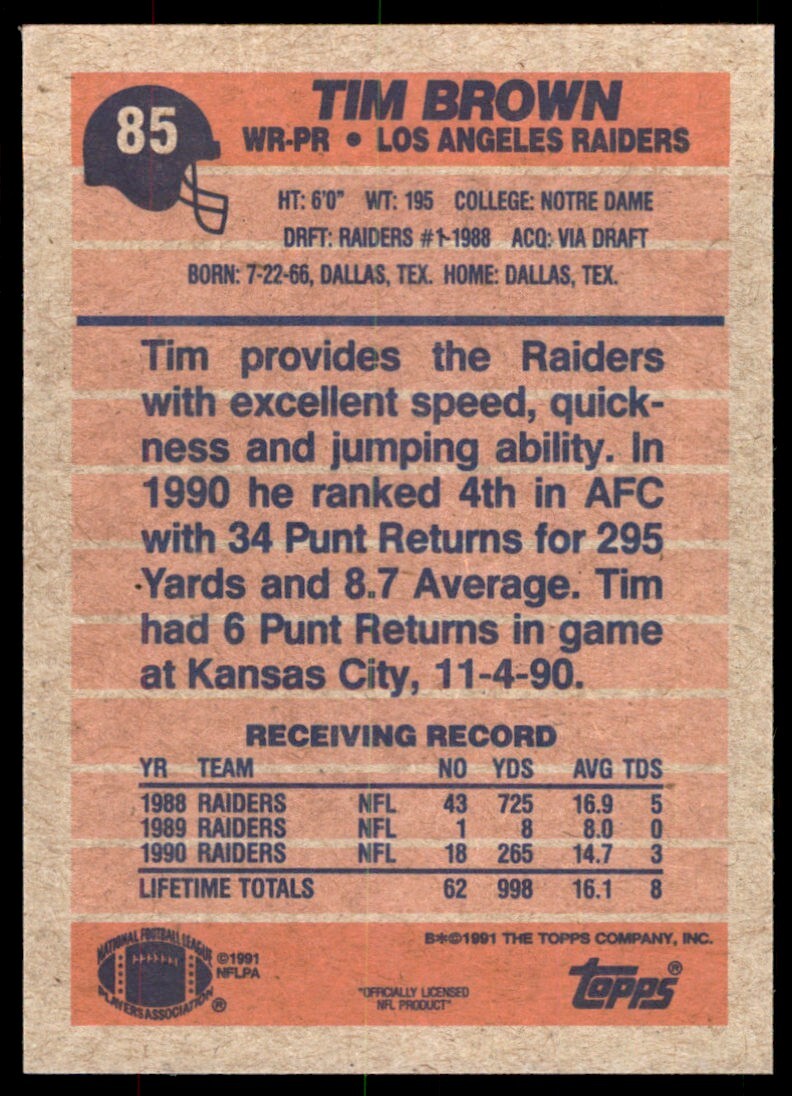 1991 Topps Tim Brown Los Angeles Raiders #85