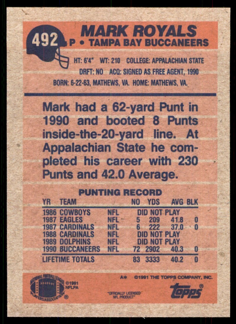 1991 Topps Mark Royals Rookie Tampa Bay Buccaneers #492