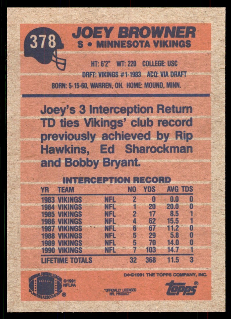 1991 Topps Joey Browner Minnesota Vikings #378