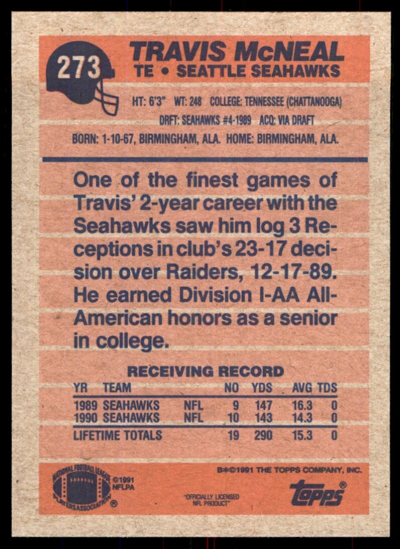 1991 Topps Travis McNeal Seattle Seahawks #273