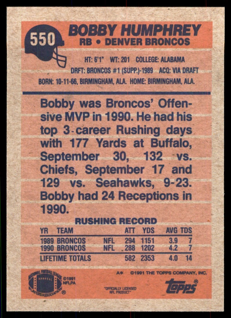 1991 Topps Bobby Humphrey Denver Broncos #550